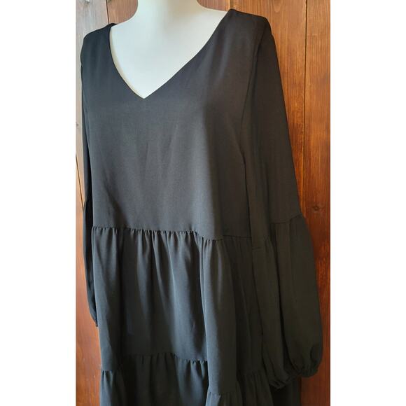 Roly Poly Women L Black Empire Waist Dress Balloon Sleeve Tiered Hem RP10853 - Picture 4 of 11